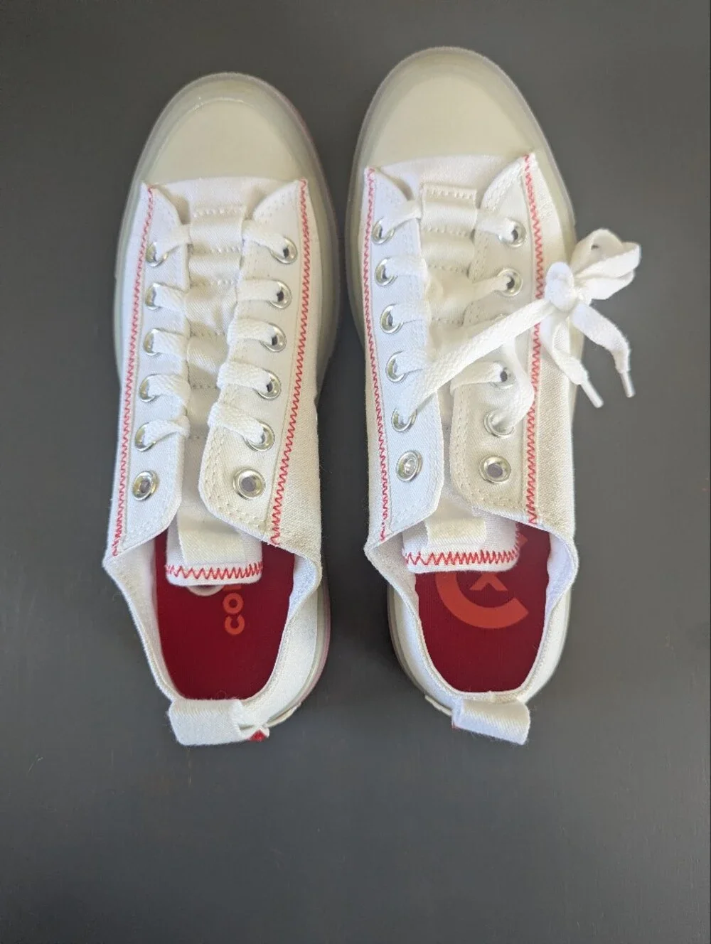 Converse Women's White Canvas Sneakers with Pink/Coral Accent Sole And Stitching